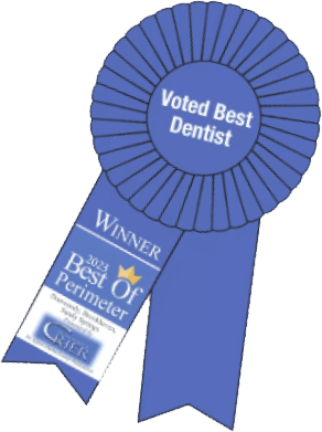 A blue award ribbon with the text "Voted Best Dentist" in the center and "Winner" along with "2023 Best of Perimeter" printed below